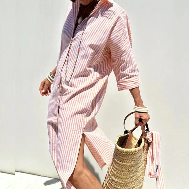 Livia | Damen Lässiges Streifenmuster Midi Strandkleid