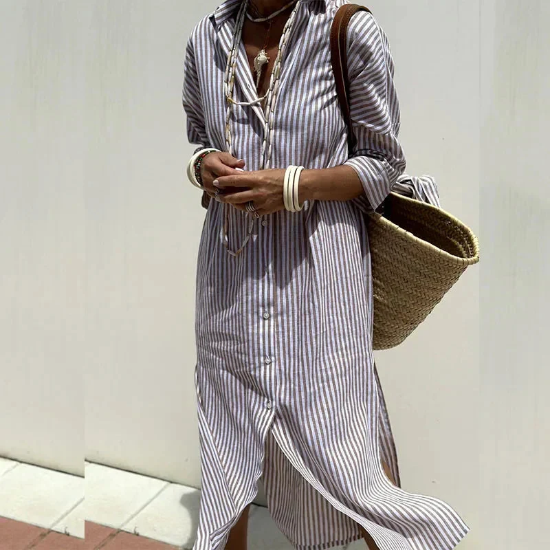 Livia | Damen Lässiges Streifenmuster Midi Strandkleid
