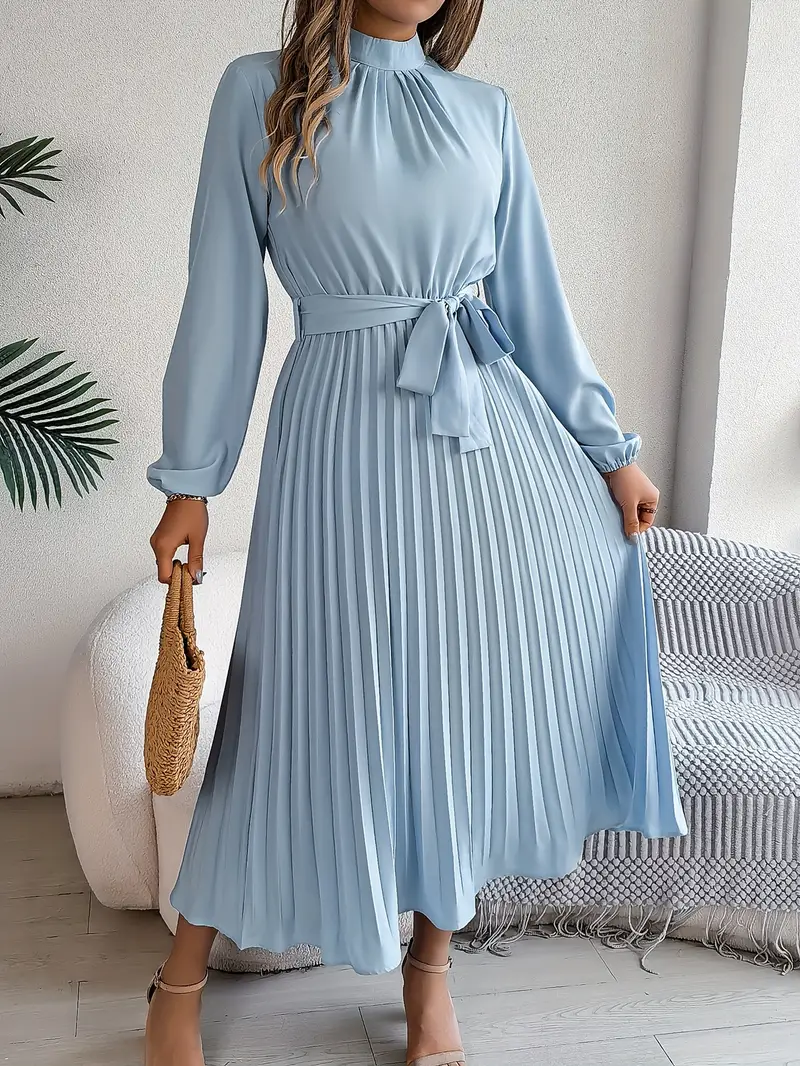 Sana | Damen Abend Plissierter Hochgeschlossener Midikleid