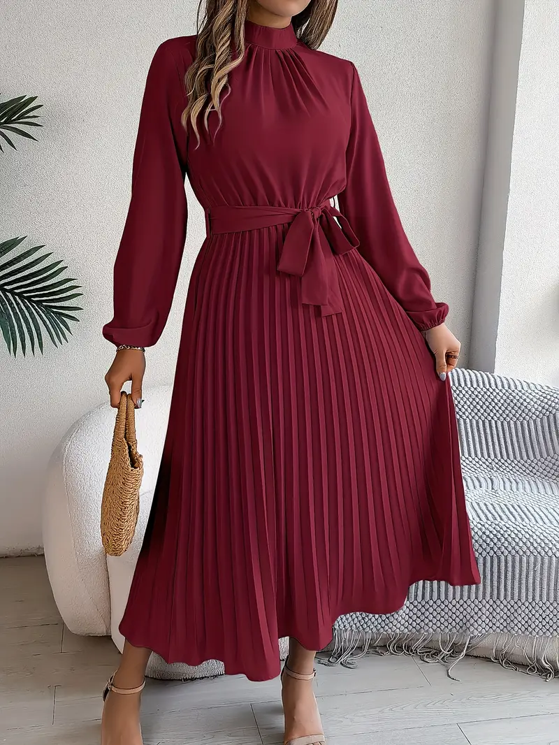 Sana | Damen Abend Plissierter Hochgeschlossener Midikleid