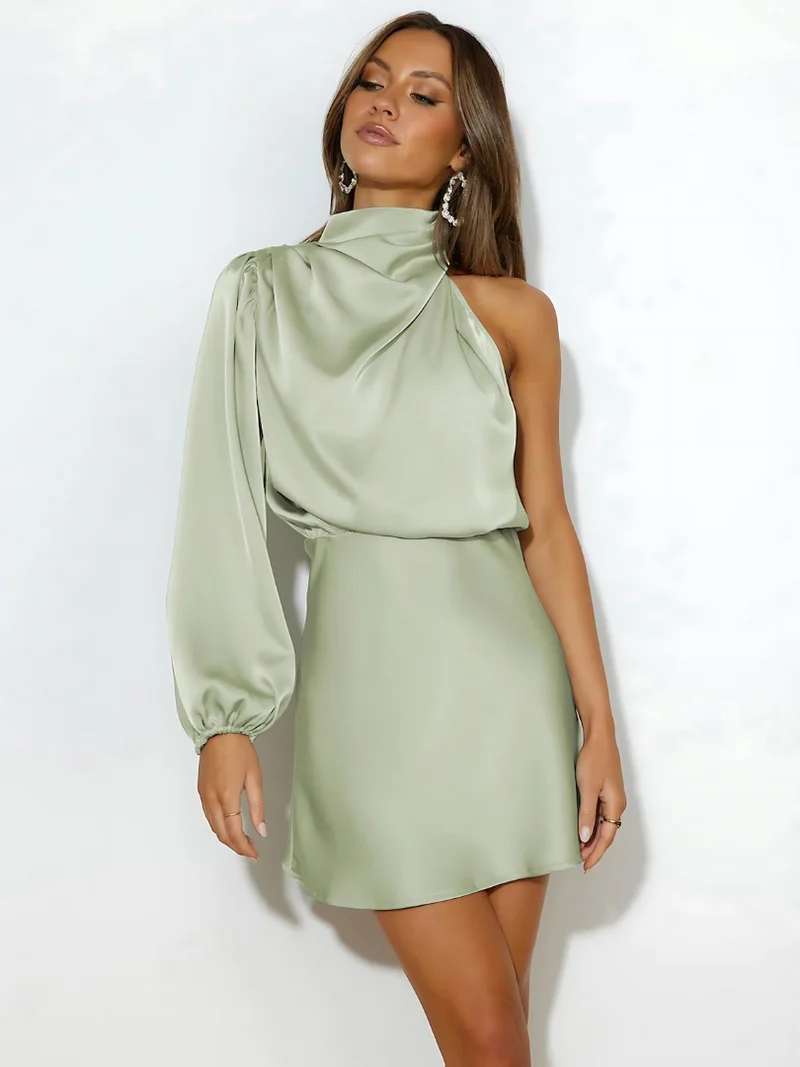 Lisa | Damen Elegant One-Shoulder Satin Midikleid