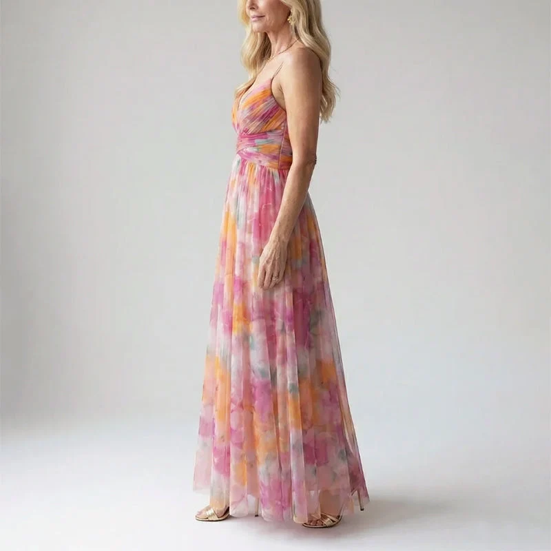 Lena | Damen Langes Aquarell-Print Abendkleid
