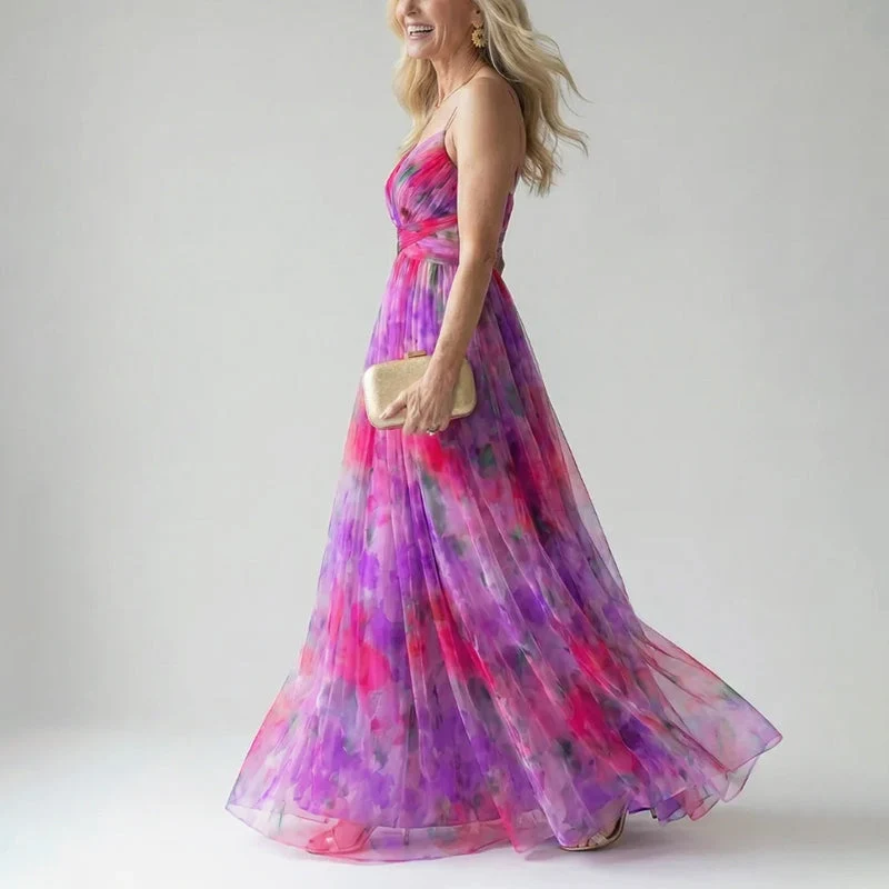 Lena | Damen Langes Aquarell-Print Abendkleid