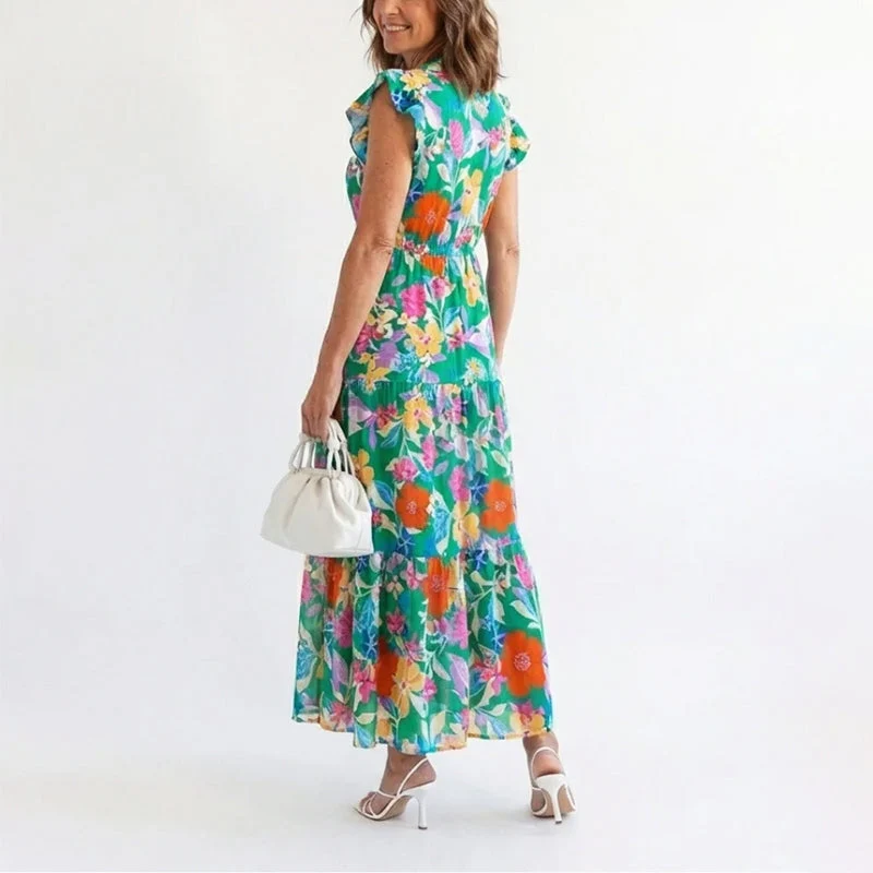 Sarah | Damen Elegant Rüschenärmeln Geblümtes Kleid