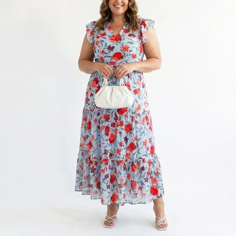 Sarah | Damen Elegant Rüschenärmeln Geblümtes Kleid