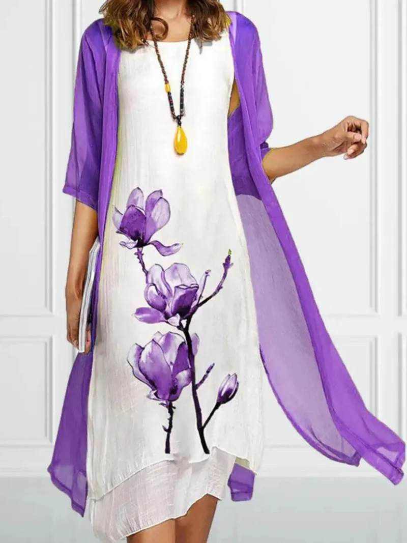 Johanna | Damen Lagenlook Ärmelloses Chiffon Cardigan Set Midikleid