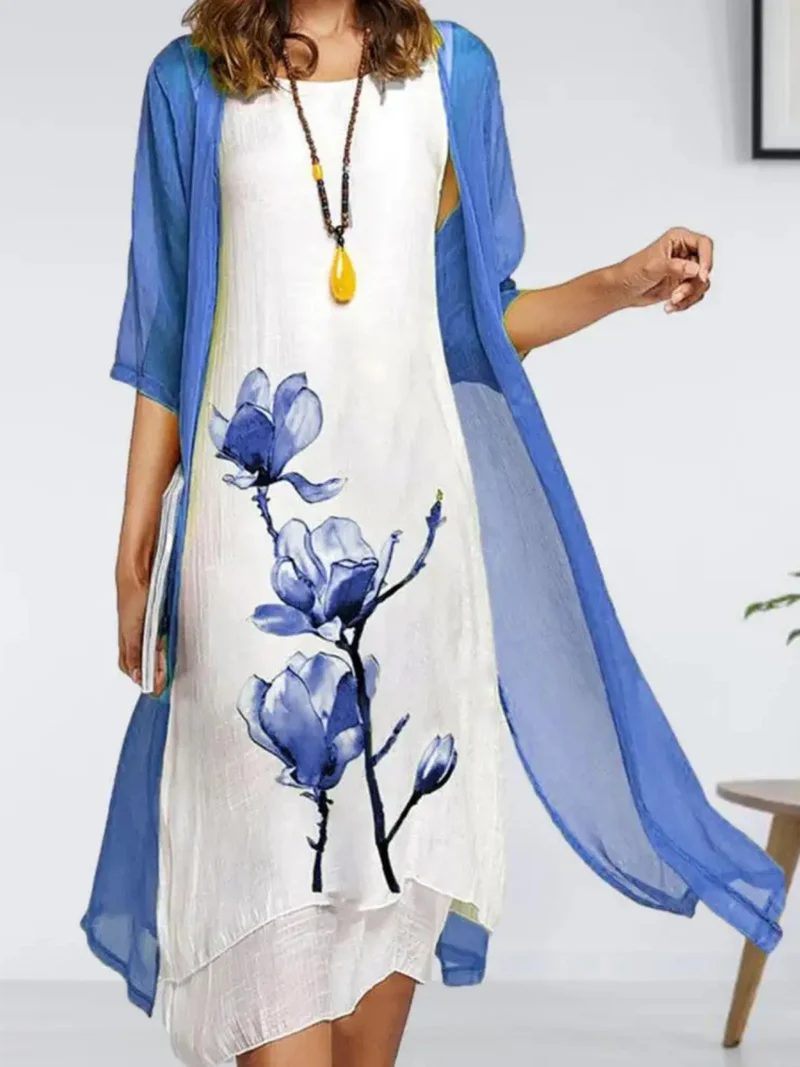 Johanna | Damen Lagenlook Ärmelloses Chiffon Cardigan Set Midikleid