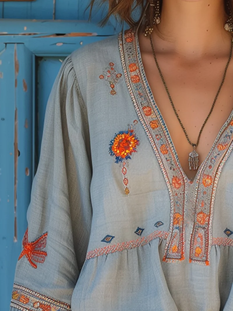 Kerstin | Damen Lässige Boho V-Ausschnitt Bluse