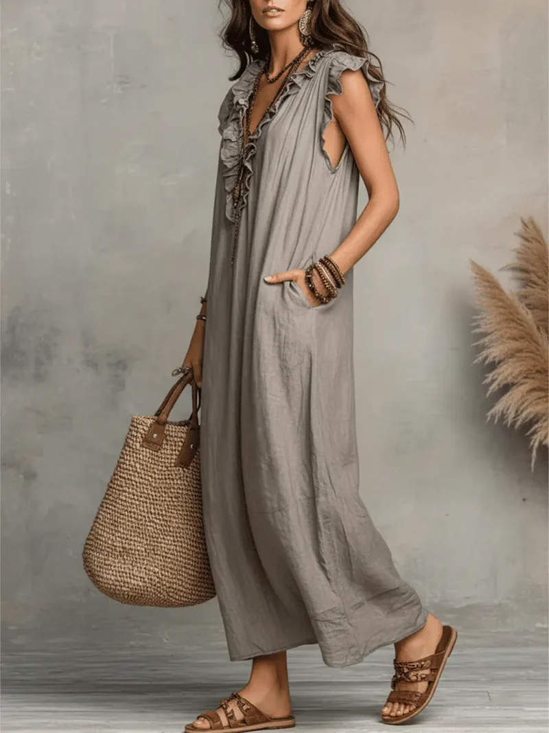 Rachel | Damen Langes Ärmelloses Maxikleid mit Rüschen