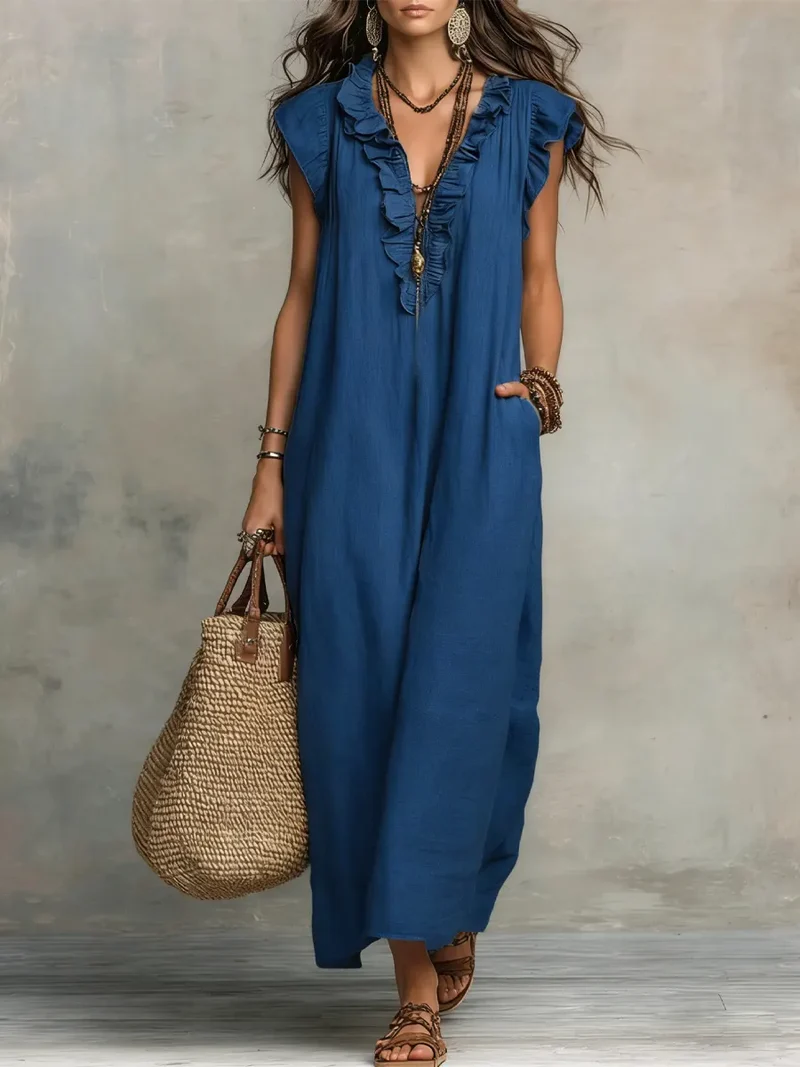 Rachel | Damen Langes Ärmelloses Maxikleid mit Rüschen
