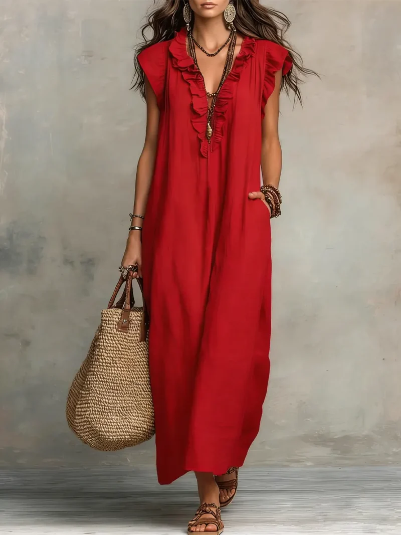 Rachel | Damen Langes Ärmelloses Maxikleid mit Rüschen