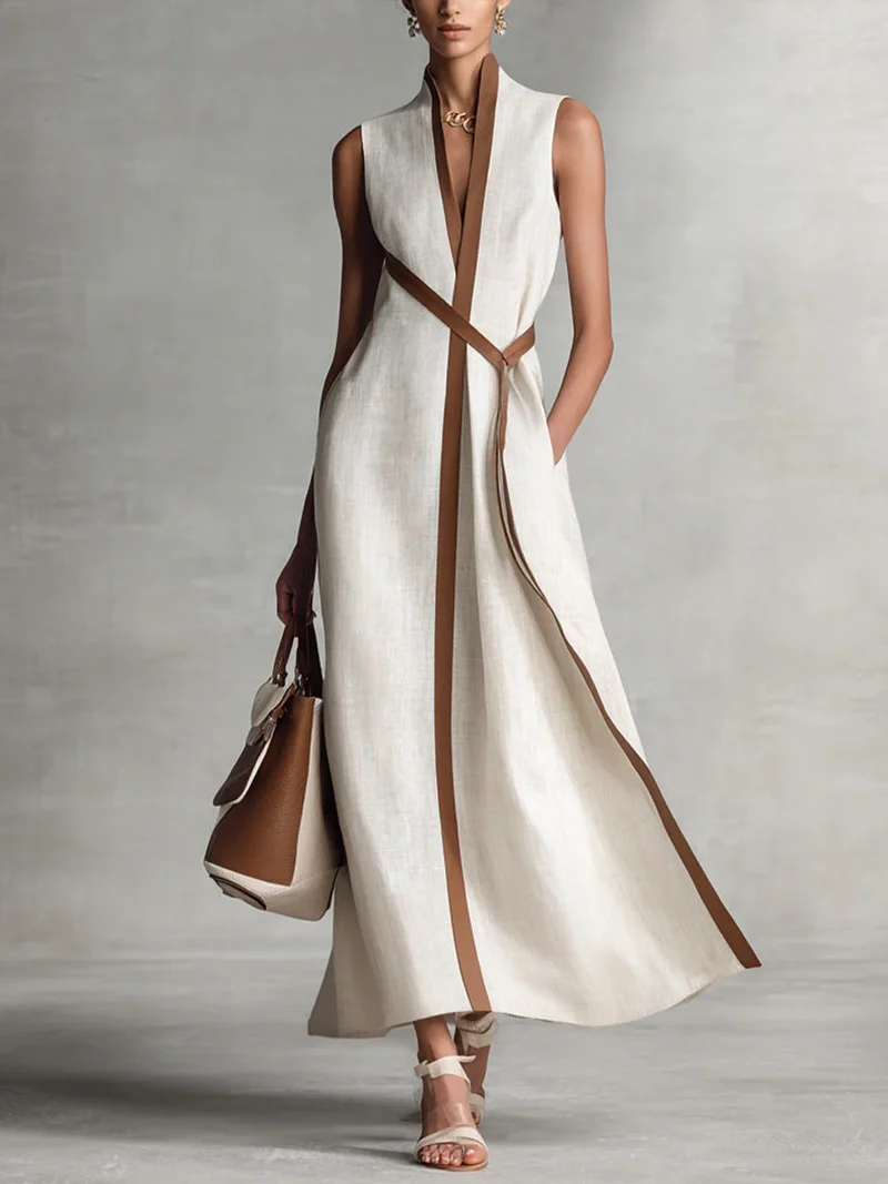 Carla | Damen Elegantes Ärmelloses Maxi Wickelkleid mit hohem Kragen