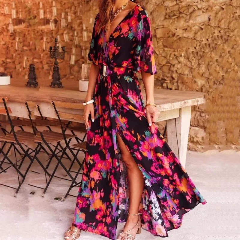 Ursula | Damen Bedrucktes V-Ausschnitt Maxi Wickelkleid mit Gürtel