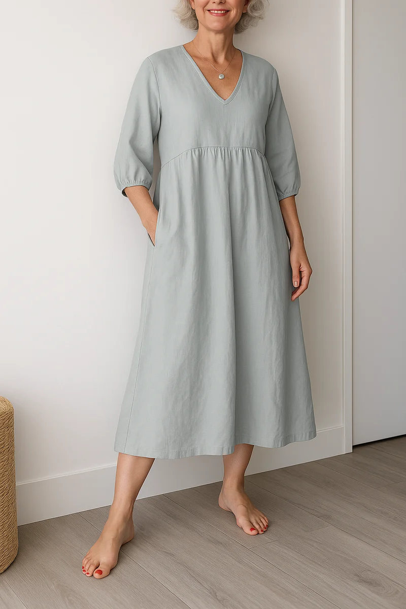 Franziska | Damen Lässiges Kurzarm Kleid mit V-Ausschnitt