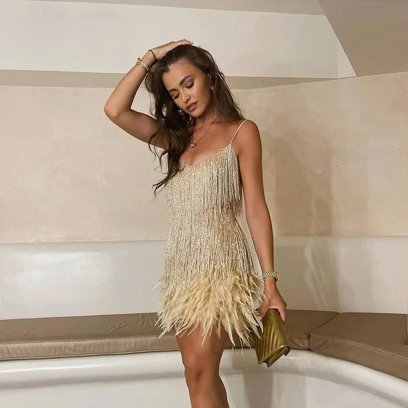 Myriam | Damen Festliches Feder Cocktailkleid mit Pailletten und Spaghettiträgern