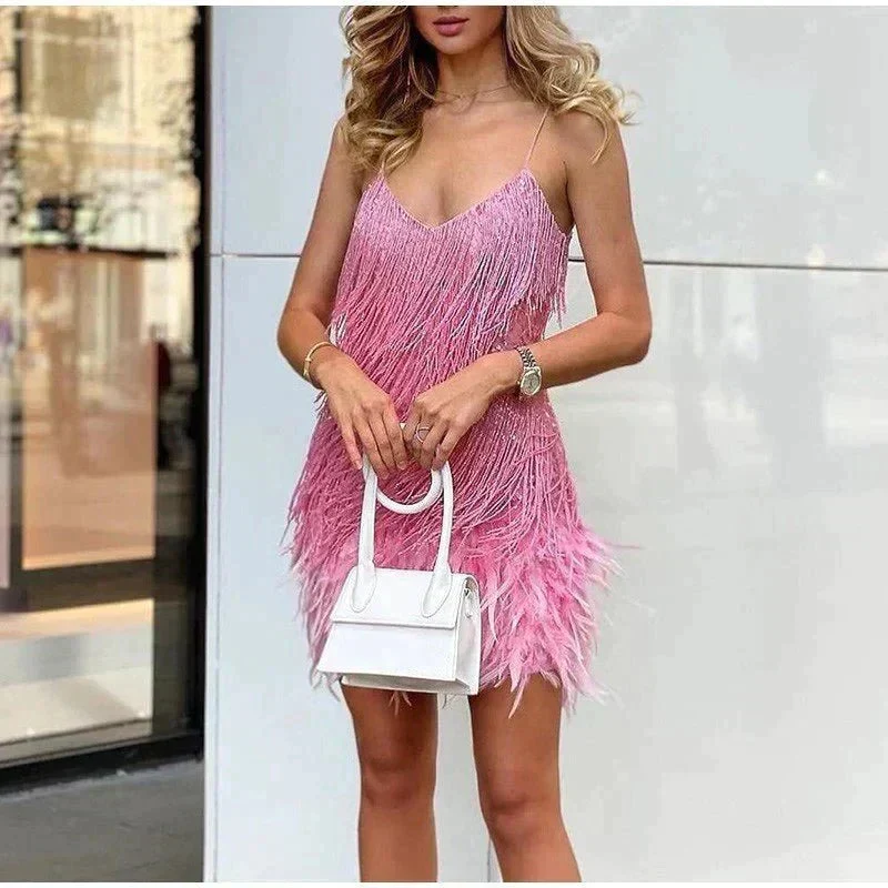 Myriam | Damen Festliches Feder Cocktailkleid mit Pailletten und Spaghettiträgern
