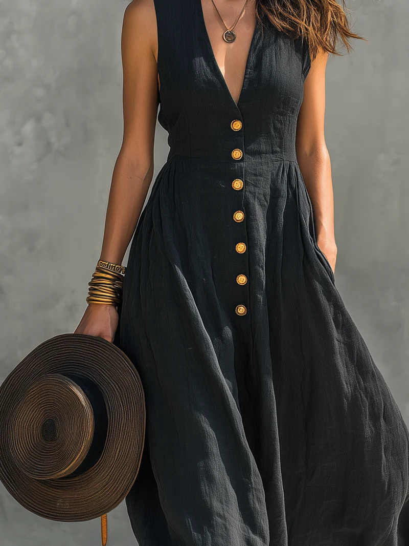 Vanessa | Damen Lässiges V-Ausschnitt Maxikleid Ärmellos Schwarz