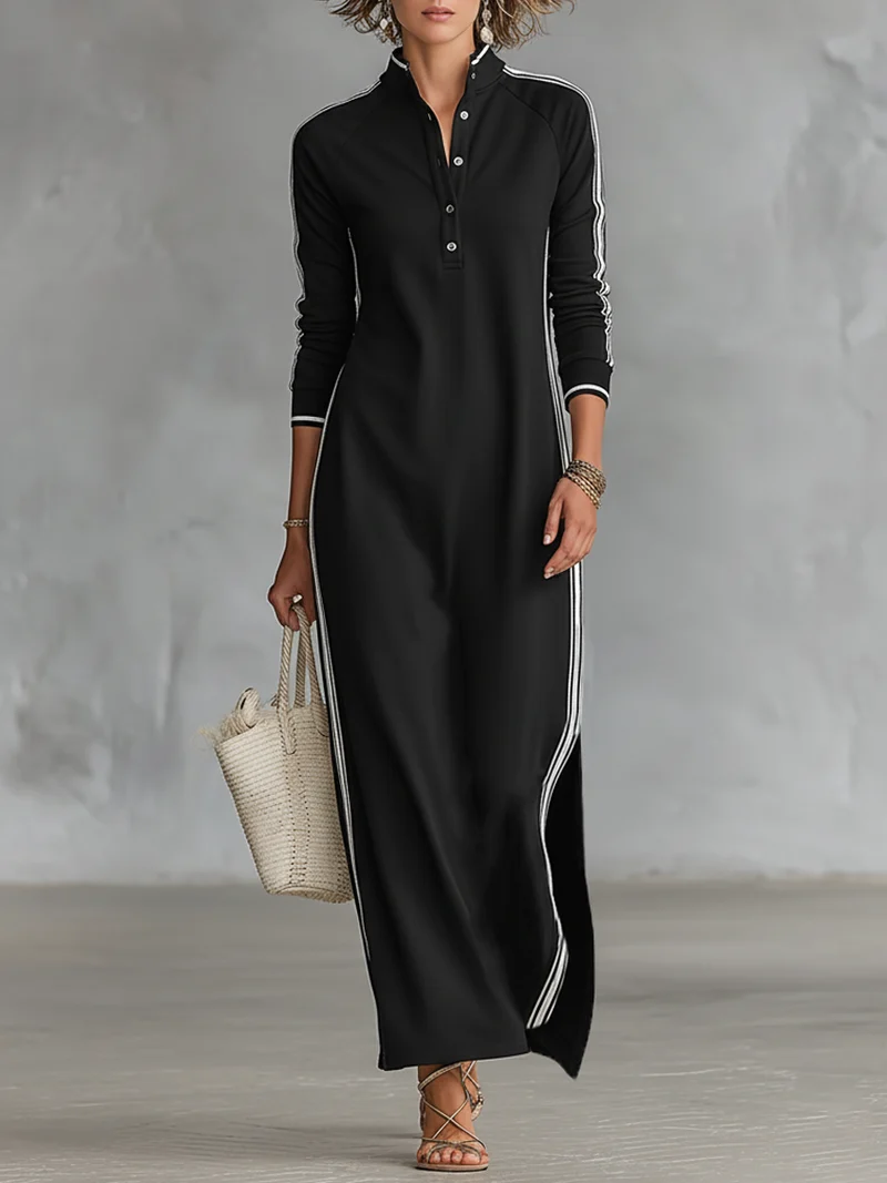 Bettina | Damen Elegantes Kragen Maxikleid mit Knöpfen