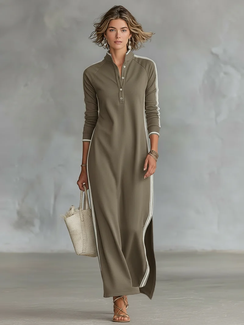 Bettina | Damen Elegantes Kragen Maxikleid mit Knöpfen
