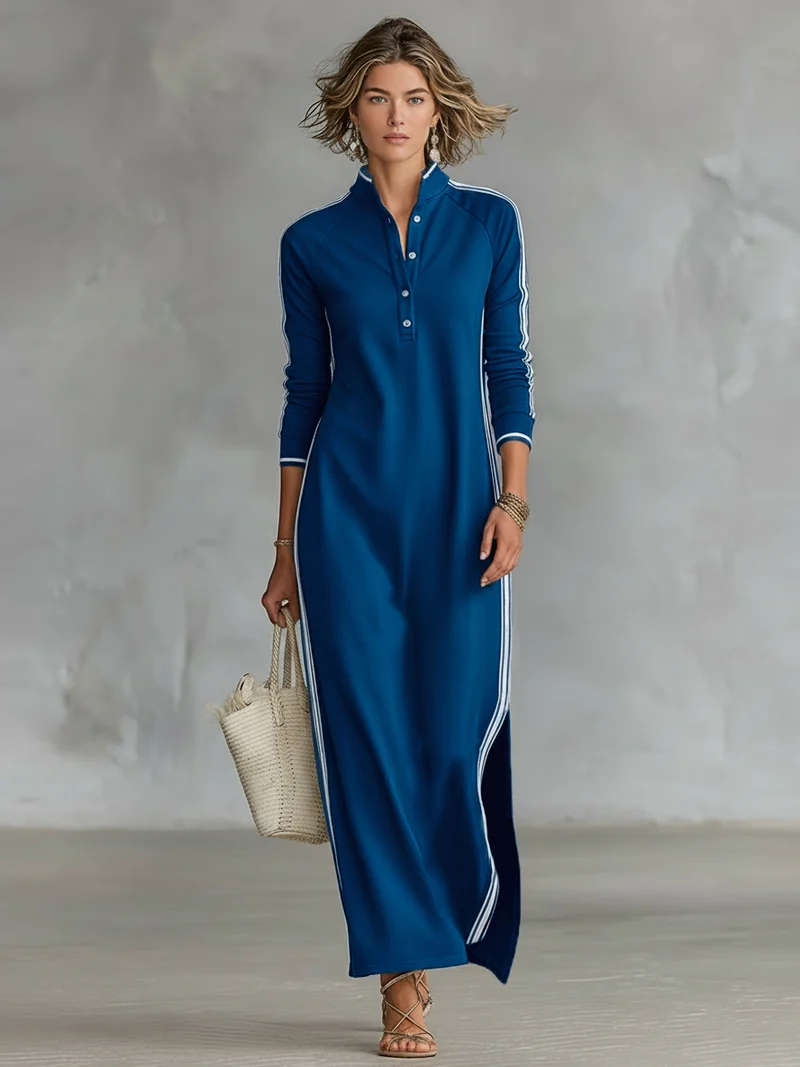Bettina | Damen Elegantes Kragen Maxikleid mit Knöpfen