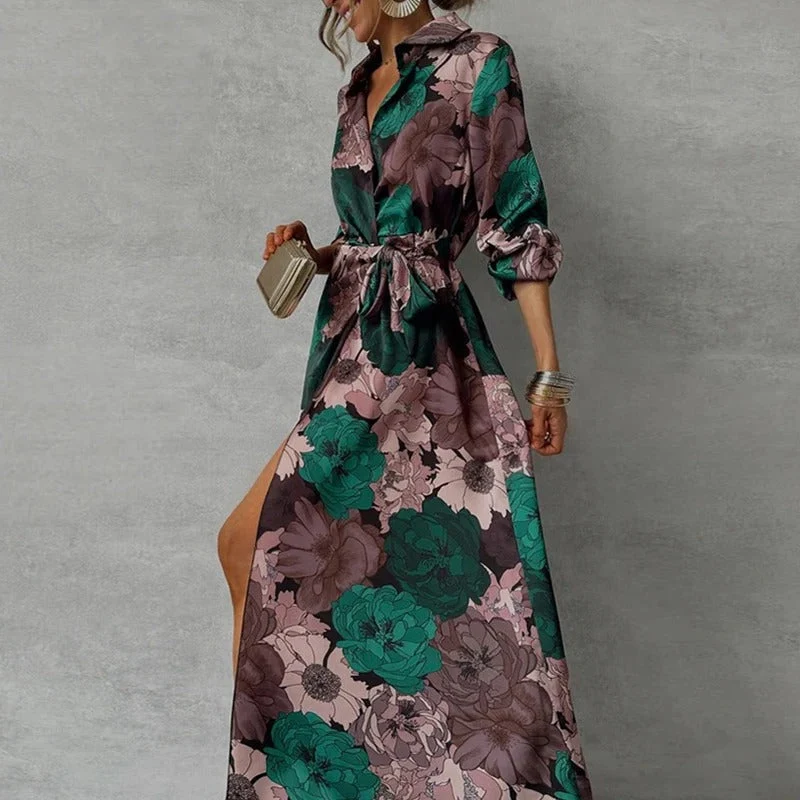 Renata | Damen Florales Maxi Hemdkleid mit Gürtel und Knopfleiste