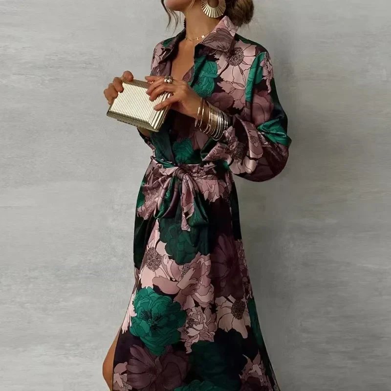 Renata | Damen Florales Maxi Hemdkleid mit Gürtel und Knopfleiste