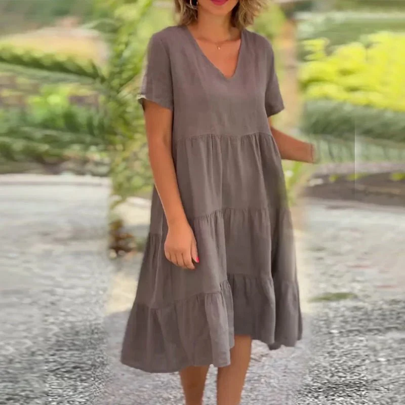 Sonja | Damen Leinen V-Ausschnitt Midikleid