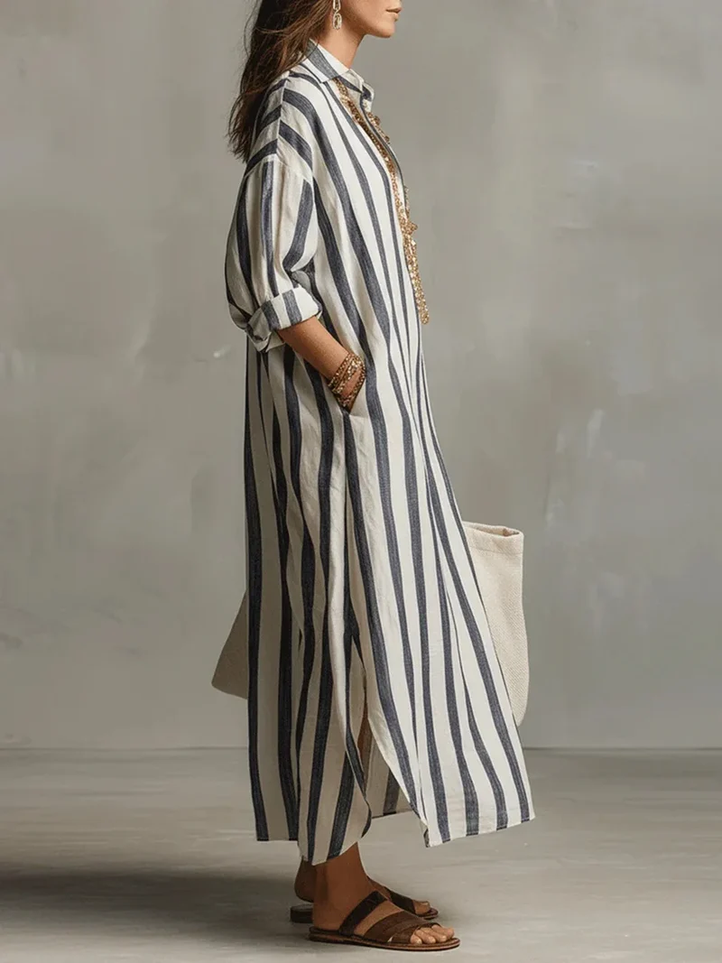 Anneline | Damen Sommer Gestreiftes Maxi Hemdkleid