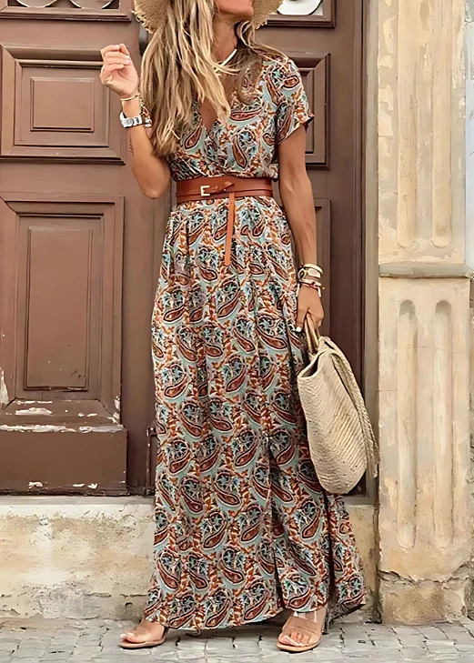 Hannah | Damen Sommer Lässiges Tailliertes Paisley Maxikleid