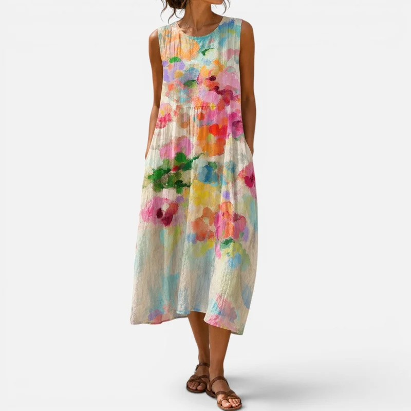 Midikleid Ärmellos Geblümt Rundhalsausschnitt