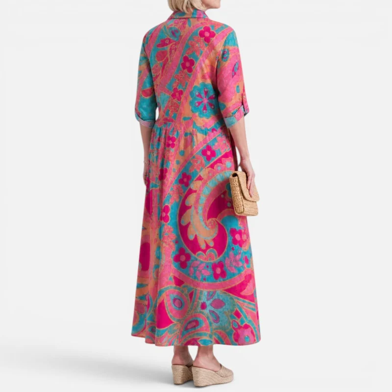 Maxikleid Hemdblusenkleid Langarm Blumenmuster Knopfleiste