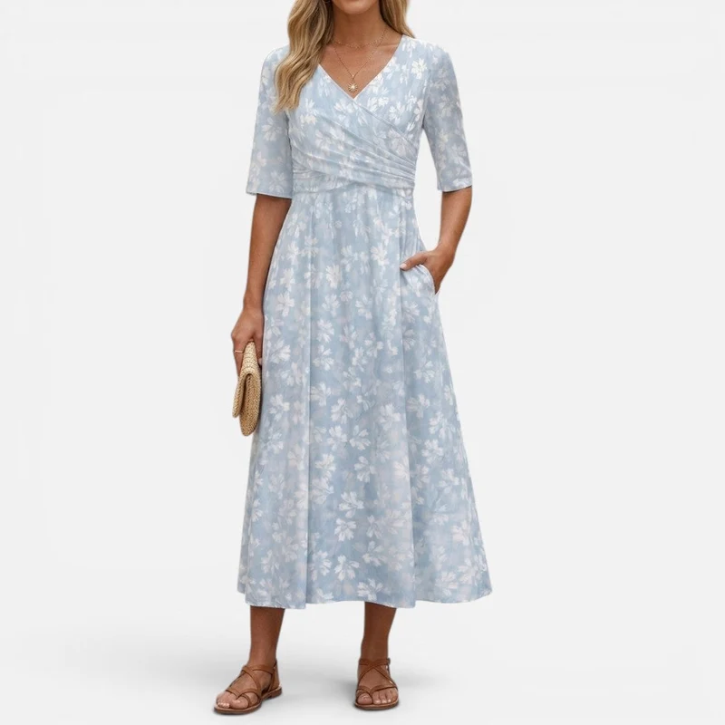 Midikleid Wickeloptik Blumenmuster V Ausschnitt Dreiviertelarm