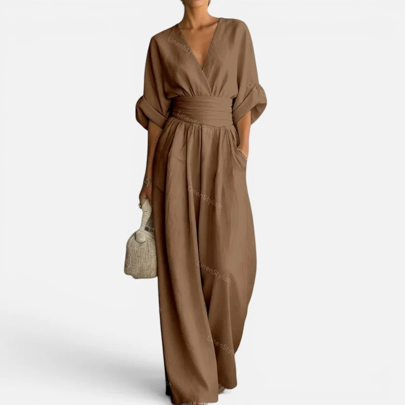 Jumpsuit Tailliert V Ausschnitt Weites Bein Dreiviertelarm