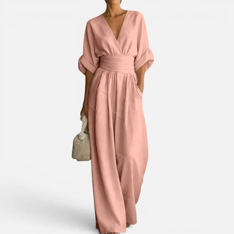 Jumpsuit Tailliert V Ausschnitt Weites Bein Dreiviertelarm