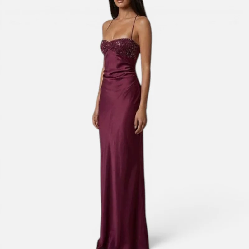 Maxikleid Perlenbesatz Halterneck Ärmellos Satinoptik