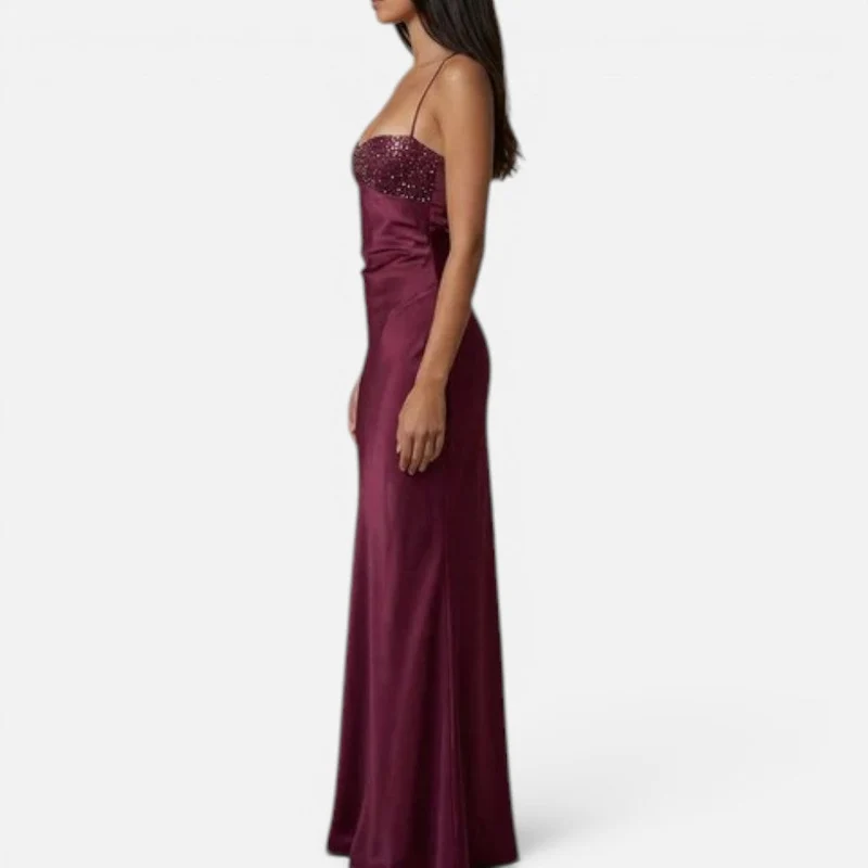 Maxikleid Perlenbesatz Halterneck Ärmellos Satinoptik