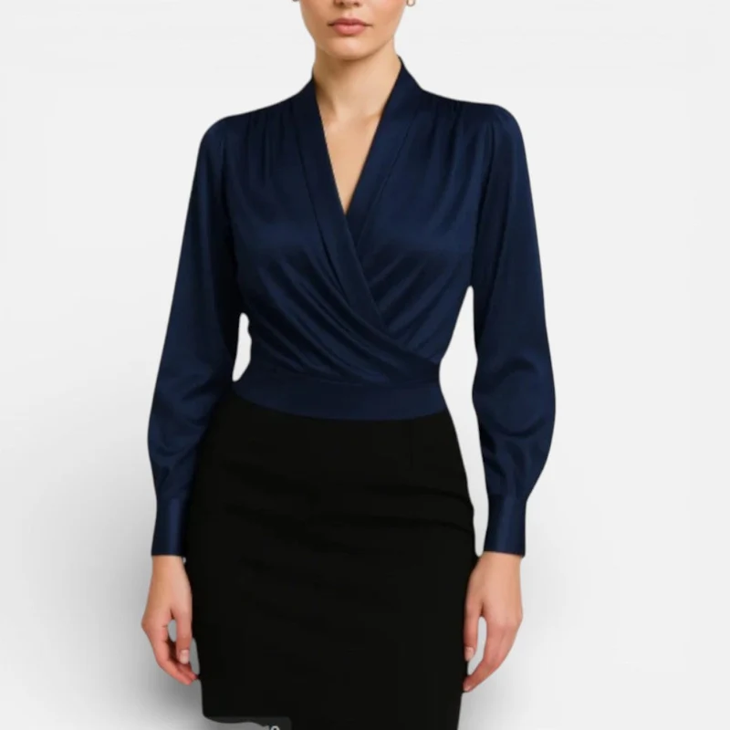 Damen Bluse Langarm V Ausschnitt Wickeloptik