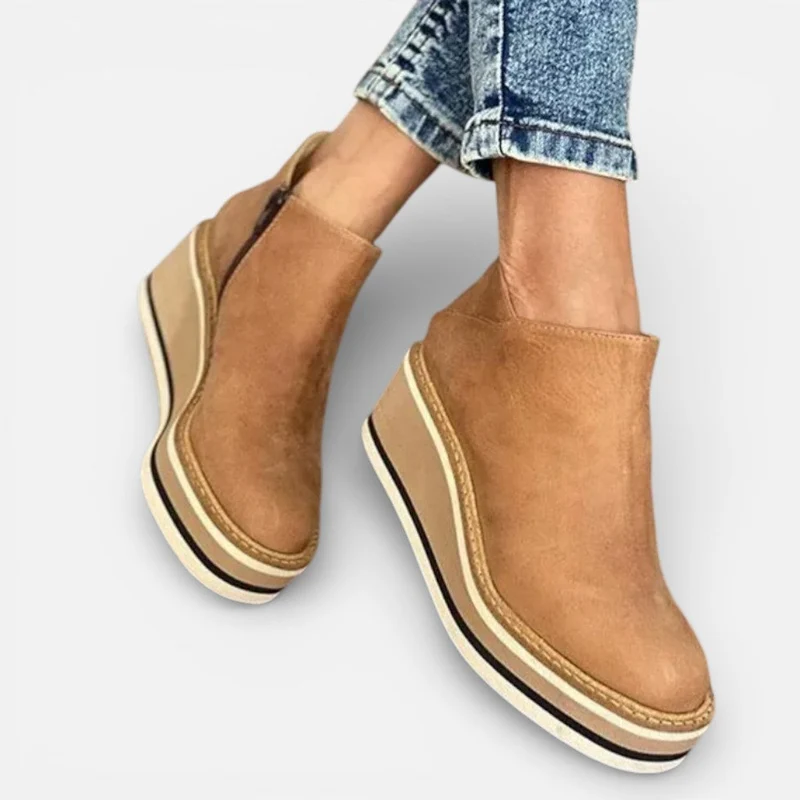 Orthopädische Damen Stiefeletten mit Keilsohle und runder Spitze