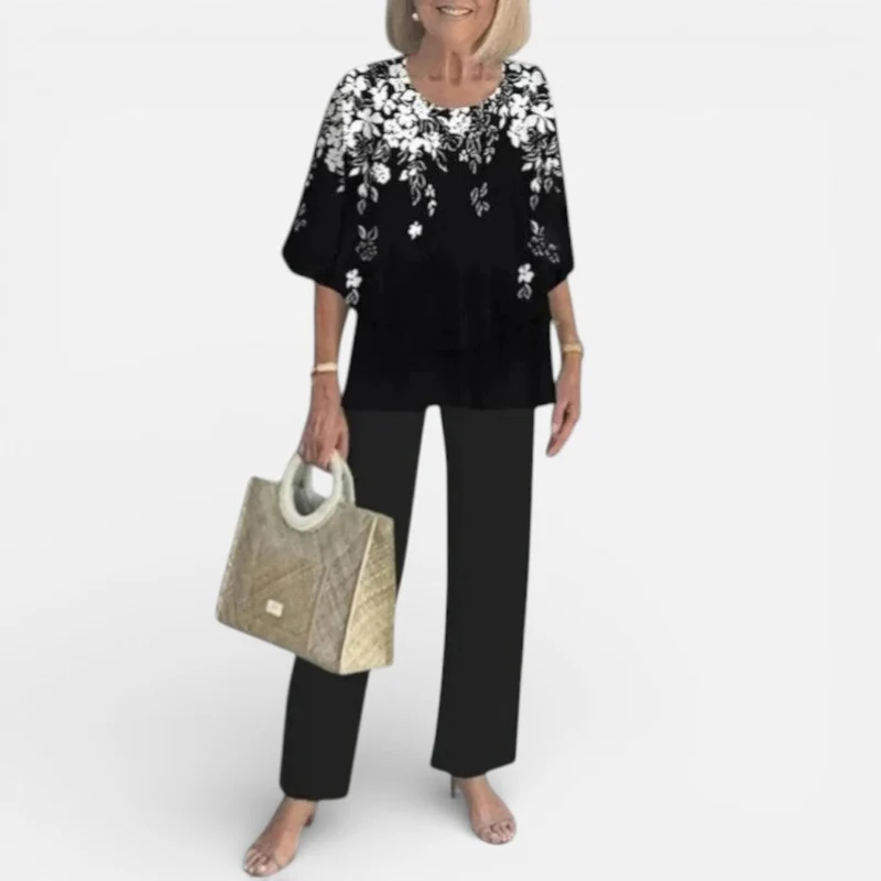 Damen Zweiteiler mit Bluse und gemusterter Hose
