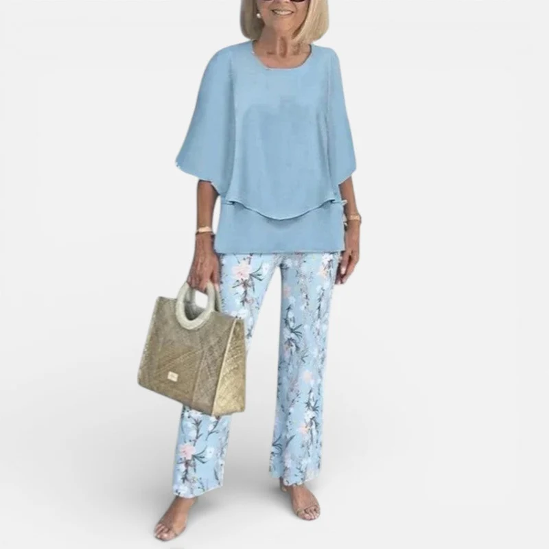 Damen Zweiteiler mit Bluse und gemusterter Hose