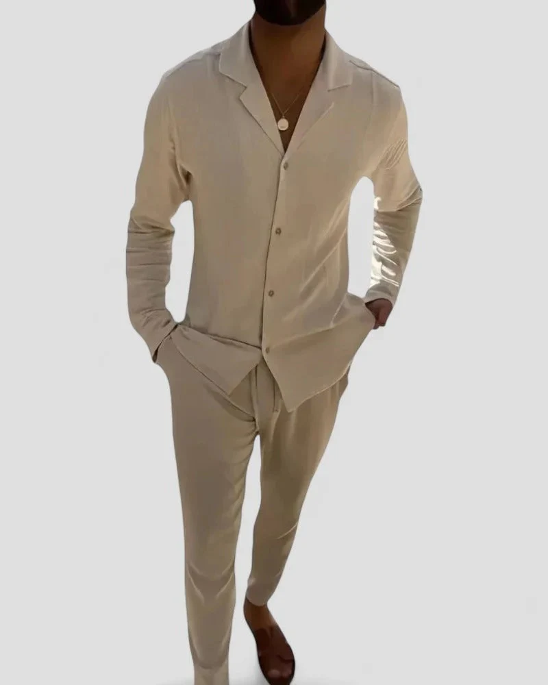 Sommer-Set aus Leinenmischung für Herren Langarmhemd und Hose