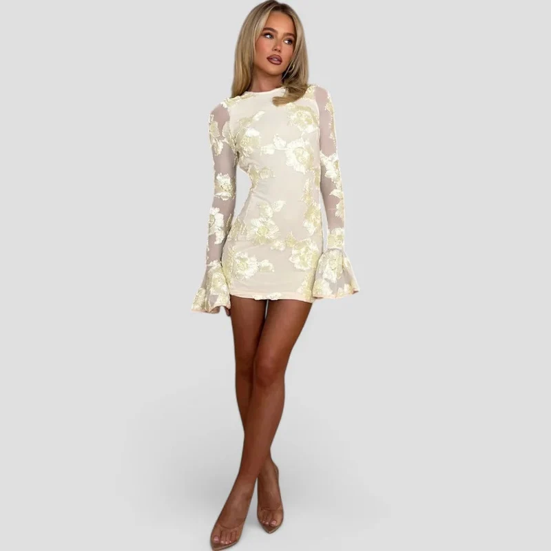 Elegantes Minikleid aus floralem Mesh mit Glockenärmeln im Frühlingsstil