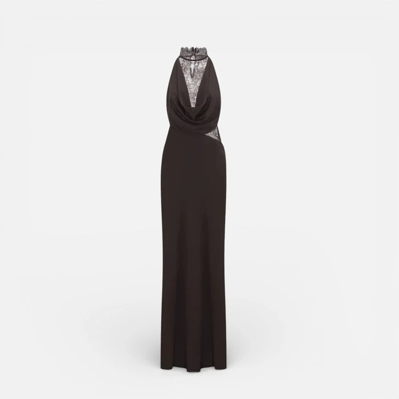 Langes Abendkleid mit Spitzenoberteil und Neckholderkragen