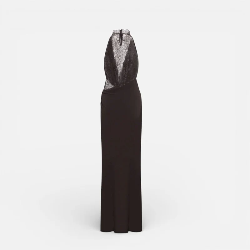 Langes Abendkleid mit Spitzenoberteil und Neckholderkragen