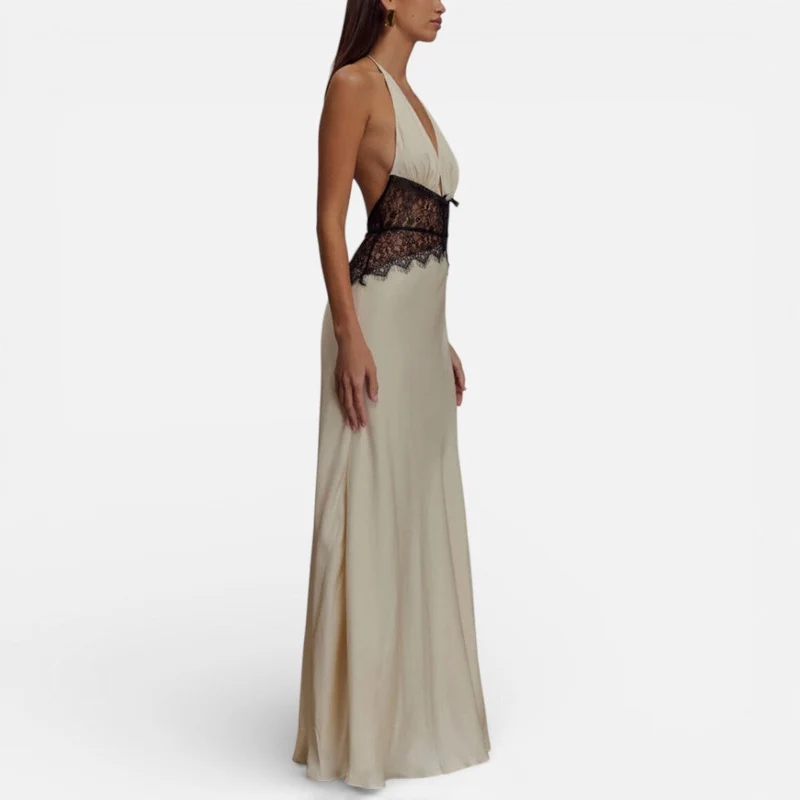 Langes Abendkleid mit Neckholder und Spitzenbund