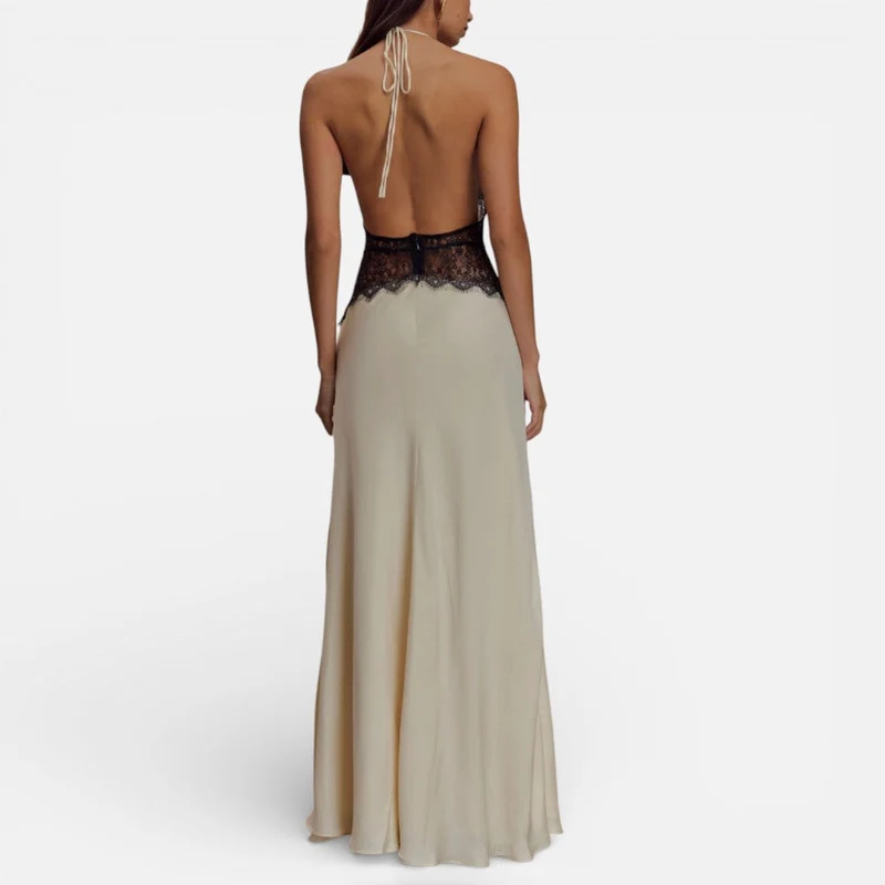 Langes Abendkleid mit Neckholder und Spitzenbund