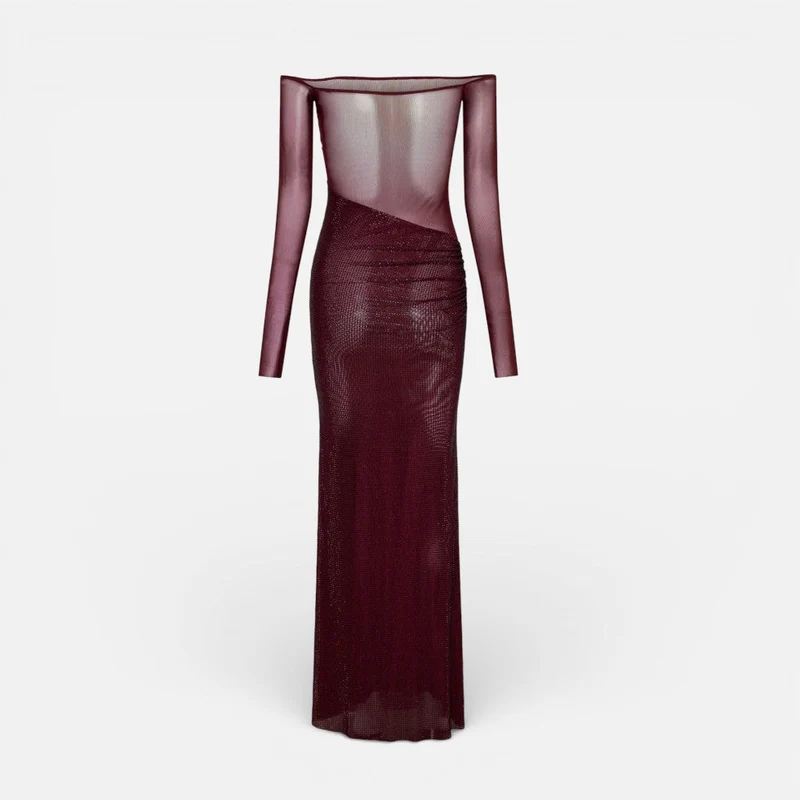Langes Abendkleid mit Off Shoulder Schnitt und transparentem Oberteil