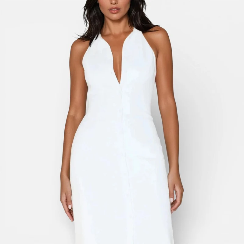 Ärmelloses Midikleid mit Knopfleiste und Schlitz