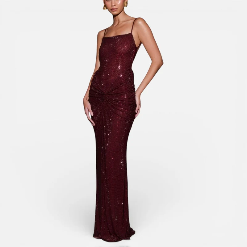Langes Paillettenkleid mit schmalen Trägern und Rückenfrei