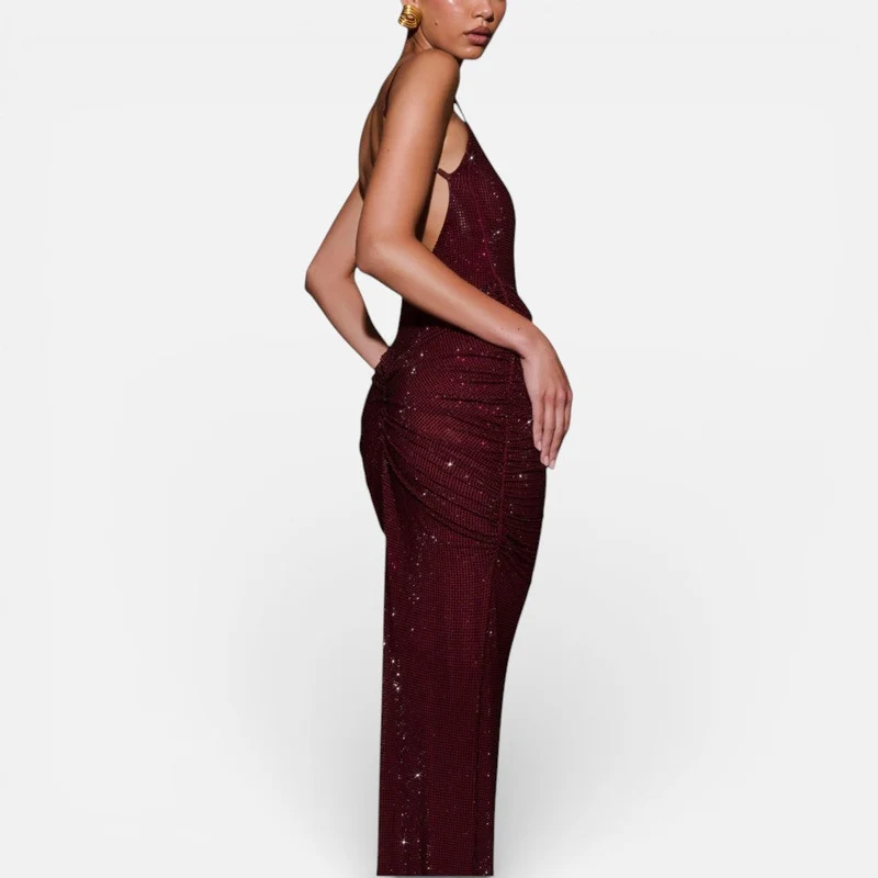 Langes Paillettenkleid mit schmalen Trägern und Rückenfrei